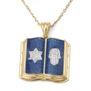 14K Gold and Diamonds Ten Commandments Pendant with Hamsa and Star of David