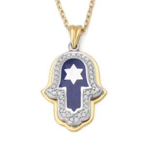 Anbinder Jewelry 14K Gold Star of David Hamsa Diamond Pendant with Blue Enamel