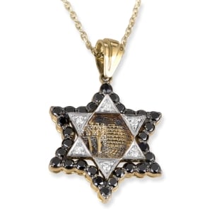 14K Gold Jerusalem Star of David Pendant With 36 Black & White Diamonds