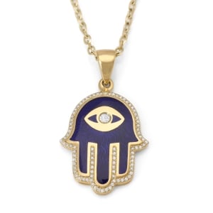 14K Yellow Gold & Blue Enamel Hamsa Pendant Necklace With White Diamonds By Anbinder Jewelry