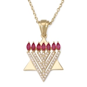 14K Gold Star of David and Menorah Pendant with 0.6 CT Diamonds and Rubies