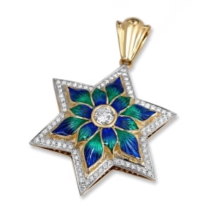 14K Gold Star of David Jerusalem Diamond and Enamel Necklace 