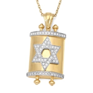 14K Gold Star of David Diamond Torah Necklace