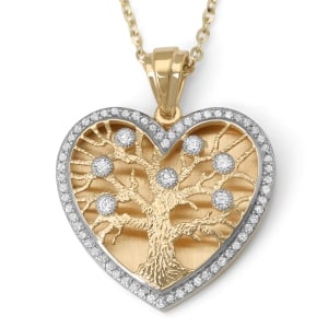 Large 14K Gold Heart-Shaped Tree of Life Pendant Necklace with Diamonds - Color Option
