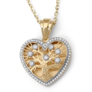 14K Gold Heart-Shaped Tree of Life Pendant with Diamonds - Color Option