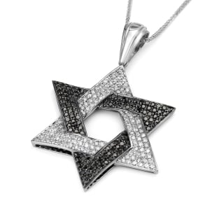 14K Gold Star of David Pendant with Black and White Diamonds