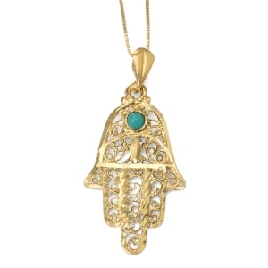 14K Gold Women’s Hamsa Pendant with Ornate Design and Turquoise Stone 