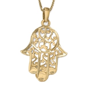 14K Gold Women’s Hamsa Pendant with Star of David and Intricate Design