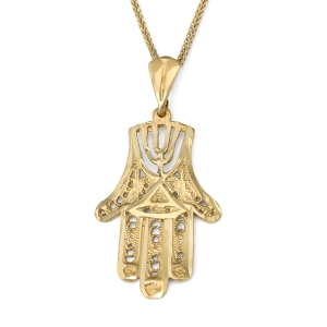 14K Gold Women’s Filigree Hamsa Pendant with Menorah Design