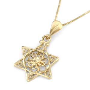 14K Delicate Star of David Pendant with Flower for Women