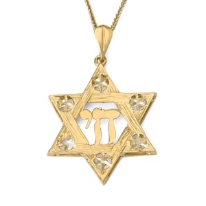 14K Gold Men's Large Textured Star of David and Chai Pendant with Stars