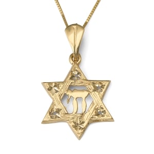 14K Gold Textured Star of David and Chai Pendant with Stars for Women and Kids