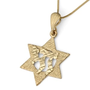 14K Gold Women’s Textured Star of David and Chai Pendant 