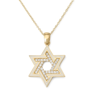 14K Gold and White Enamel Star of David Pendant with Cubic Zirconia Stones