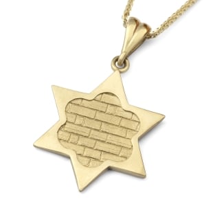 14K Gold Star of David Pendant Necklace With Western Wall Design