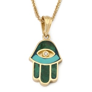 14K Yellow Gold and Eilat Stone Hamsa Pendant with Diamond and Evil Eye