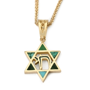 Dainty 14K Yellow Gold Star of David Pendant with Chai and Eilat Stone