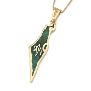 14K Yellow Gold and Eilat Stone Map of Israel Pendant with Chai - Unisex