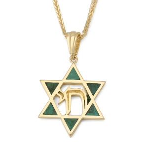 14K Gold Star of David Pendant with Chai and Eilat Stone - Unisex