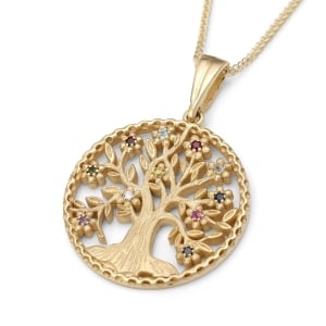 Deluxe 14K Yellow Gold Tree of Life Pendant Necklace With Colorful Gemstones