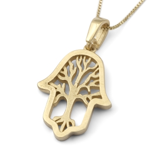 14K Gold Hamsa Pendant Necklace With Tree of Life Design