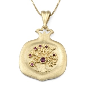 Luxurious 14K Yellow Gold Pomegranate Pendant Necklace With Ruby-Accented Tree of Life Design