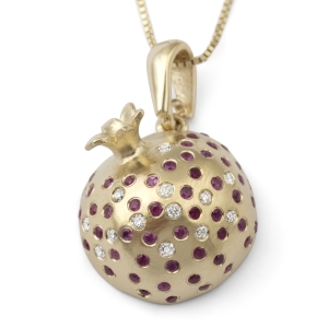 Three-Dimensional 14K Yellow Gold Pomegranate Pendant Necklace With White Diamonds and Ruby Stones