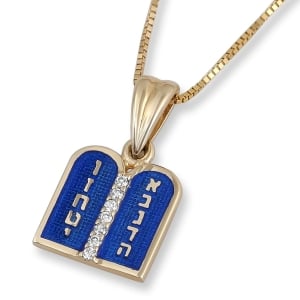 14K Yellow Gold and Blue Enamel 10 Commandments Pendant with Diamond Stones