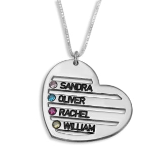Sterling Silver English / Hebrew up to Four Kids' Names Heart Mom Necklace with Birthstones - Color Option