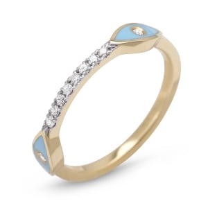 Elegant Diamond-Accented Evil Eye 14K Yellow Gold Ring (Light Blue Enamel)
