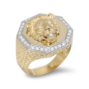 Lion of Judah 14K Gold Men's Ring With White Diamond Halo (Choice of Colors)