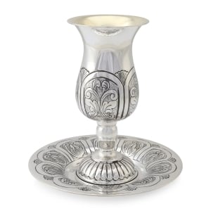Luxurious 925 Sterling Silver Plated Kiddush Cup Set - Foliate Chasing