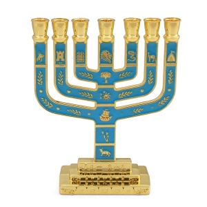 Turquoise Enamel and Gold-Plated Seven-Branch Menorah with Tribes of Israel