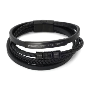 Men's Personalized Beaded Leather Bracelet with Magnetic Clasp - Black