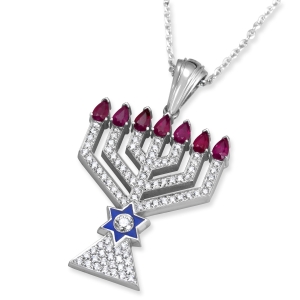14K White Gold Menorah Pendant Accented With 88 Diamonds and Seven Ruby Stones