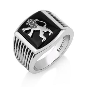 Men's Lion of Judah Sterling Silver Ring with Onyx