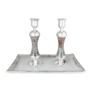Handmade Variegated Glass and Sterling Silver-Plated Shabbat Candlesticks