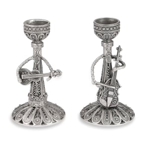 Traditional Yemenite Art Handcrafted Sterling Silver Klezmer Musician Candlesticks With Filigree Design