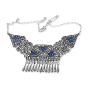Traditional Yemenite Art Handcrafted Sterling Silver Necklace With Blue Lapis Stones