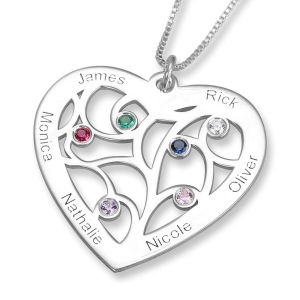 Hebrew/English Heart-Shaped Name Necklace With Family Tree Design And Birthstones