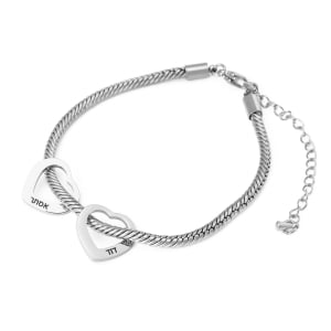 Hebrew Name Bracelet for Mothers with Hearts - Up To 10 Names - Silver or Gold Plated
