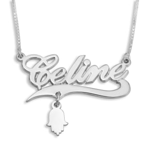 Sterling Silver Customizable Name Necklace with Hamsa Charm 