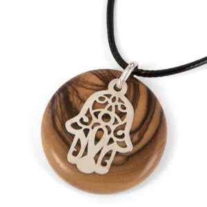 Handmade Olive Wood and Sterling Silver Hamsa Necklace