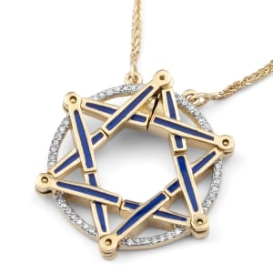 Anbinder Jewelry 14K Yellow Gold and Blue Enamel Openable Star of David Necklace With White Diamond Halo