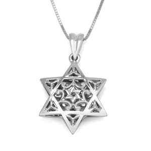 Ornate Domed Star of David 14K White Gold Pendant Necklace