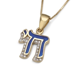 Diamond-Accented 14K Yellow Gold and Blue Enamel Chai Pendant