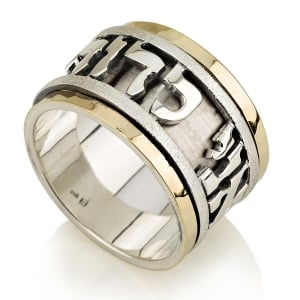14K Gold Ring with Wide Silver Ani Ledodi Spinning Band - Song of Songs 6:3