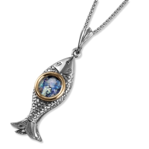 925 Sterling Silver Fish Necklace with 9K Gold Ring and Roman Glass