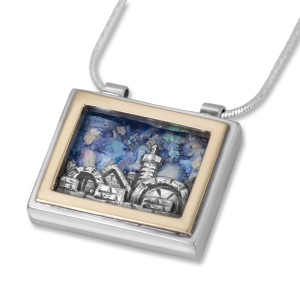 Sterling Silver Rectangular Roman Glass Necklace with Jerusalem Detailing and 9K Gold Frame