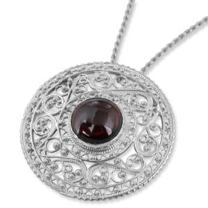 Sterling Silver Yemenite Filigree Disk Necklace with Garnet Stone